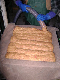 Bob spreading just crushed apple pommage onto a tray inside the press
